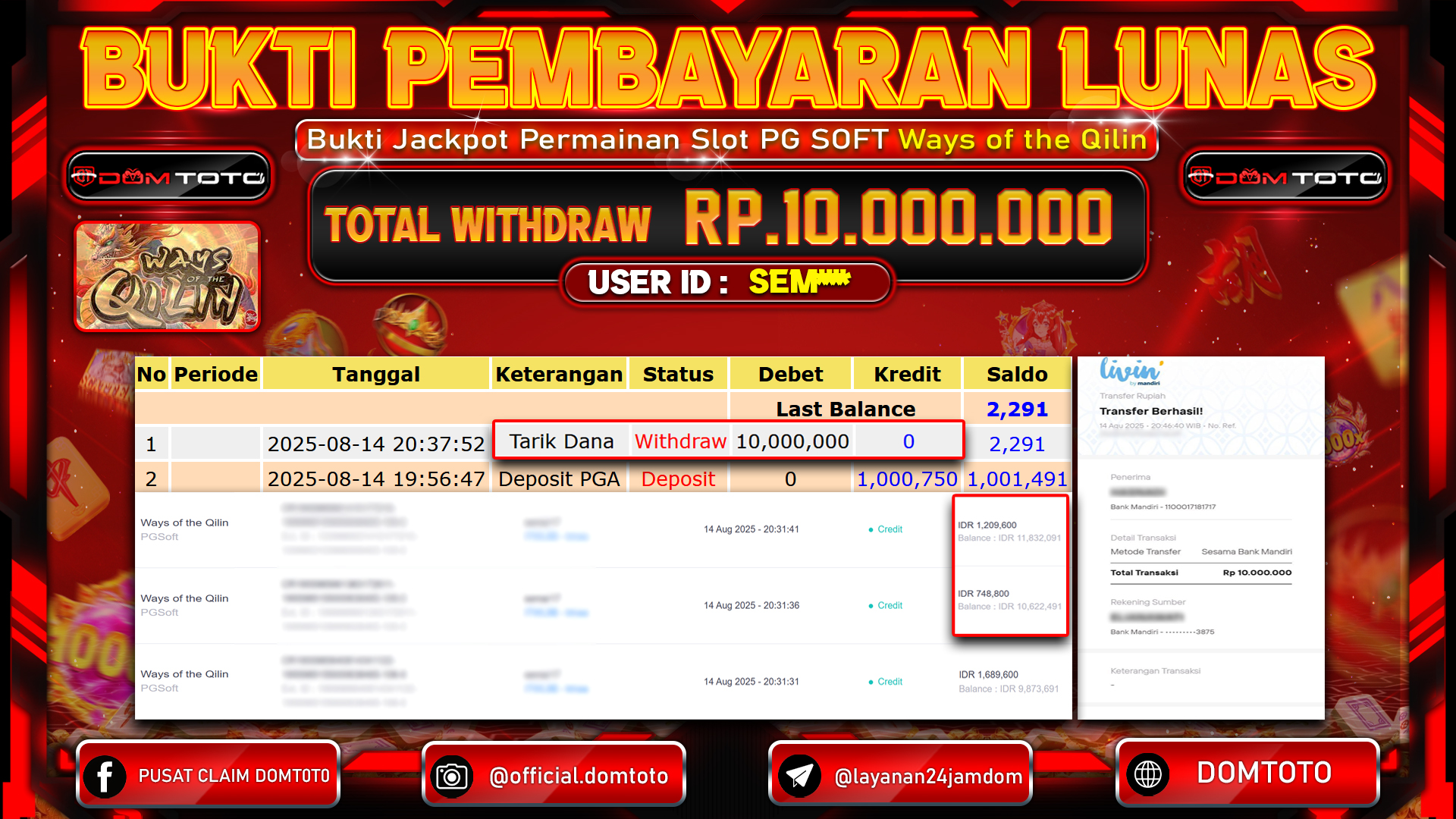 JACKPOT SLOT WAYS OF THE QILIN 14 AGUSTUS  2025